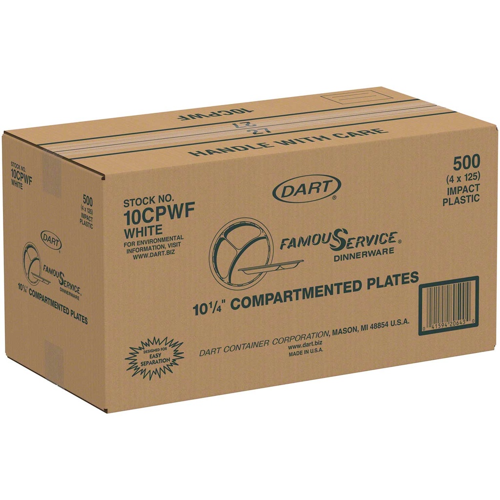 Dart® Famous Service® Impact Plastic Plate - 10 1/4", 3-Cmpt., White Image 2